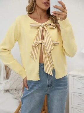 Yellow Bow-Tie Front Knit Cardigan Sweater (one size)